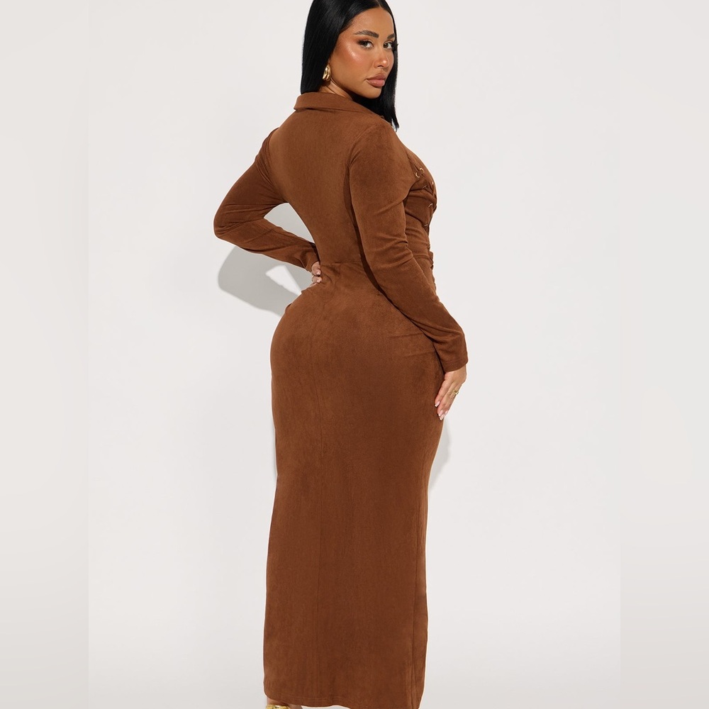 New Fashion Nova  Luxe Suede Lace Up Boho Maxi Dress - Brown Size Small - Picture 2 of 4